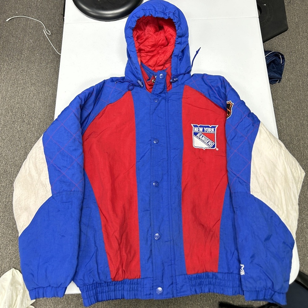 Starter New York Rangers Jacket Mens M Blue Vintage NHL Puffer Hooded F3